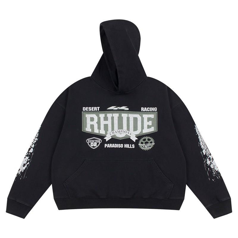 Rhude Vintage Letter Print Heavyweight Hoodie Men Women Loose Fit Streetwear Winter Long Sleeve Top