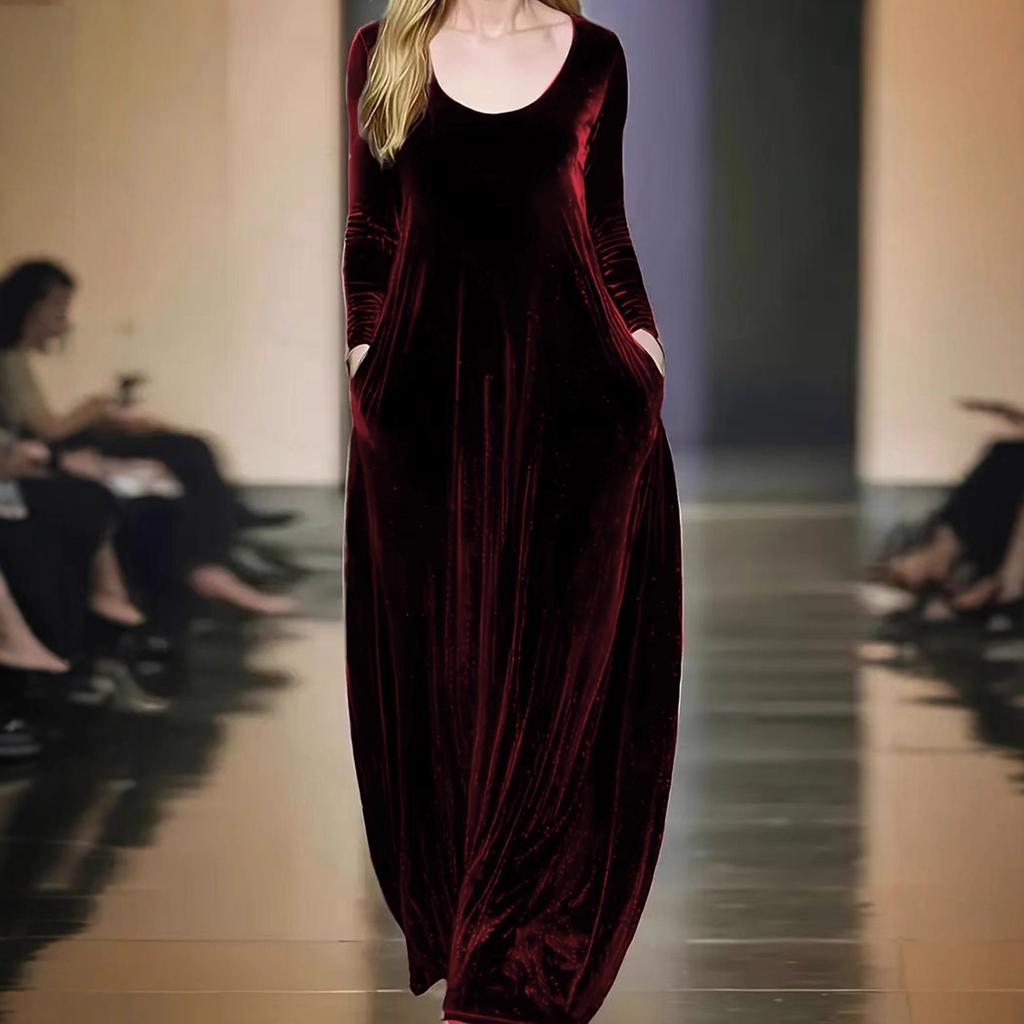 Women's Long-sleeved Round Neck Gold Velvet Elegant Long Dress