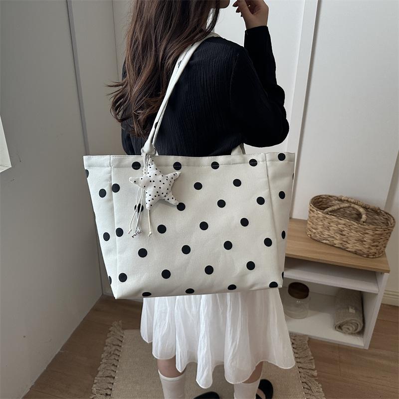 Women S Classic Polka Dot Canvas Tote Bag Large Capacity Shoulder Bag For Commute School