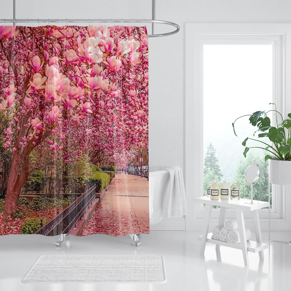 Waterproof Fabric 3D Shower Curtain Bathroom Curtain Pink Tree Landscape Polyester Bath Curtain Decorate With Hooks Cortina