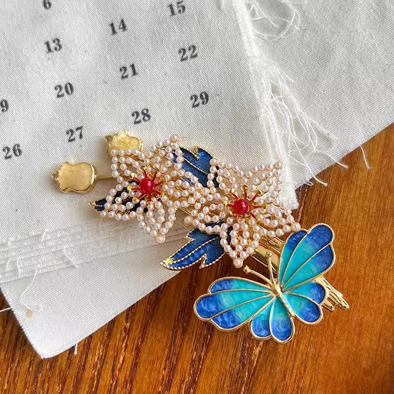 Chinese Style Enamel Butterfly Tassel Hairpin Women'S Hanfu Ancient Style Side Clip Hair Accessory