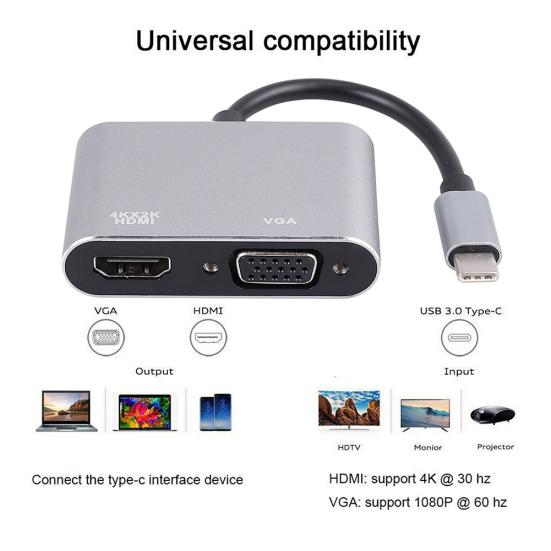 Universal USB 3.1 Type C to VGA HDMI-compatible 4K Converter Cable Adapter Cord Port HUB