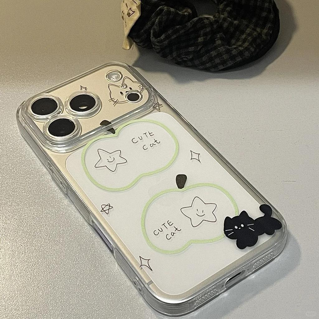 Star green apple black cat applies to Apple 17Promax transparent phone case IP16 cute 15 space case 14 soft