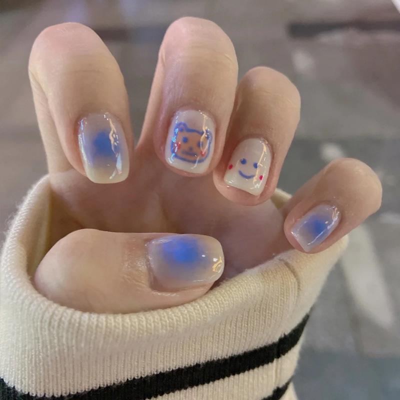 

Adorable Blue Ombre Bear Press-on Nail Art Stickers Glue Version