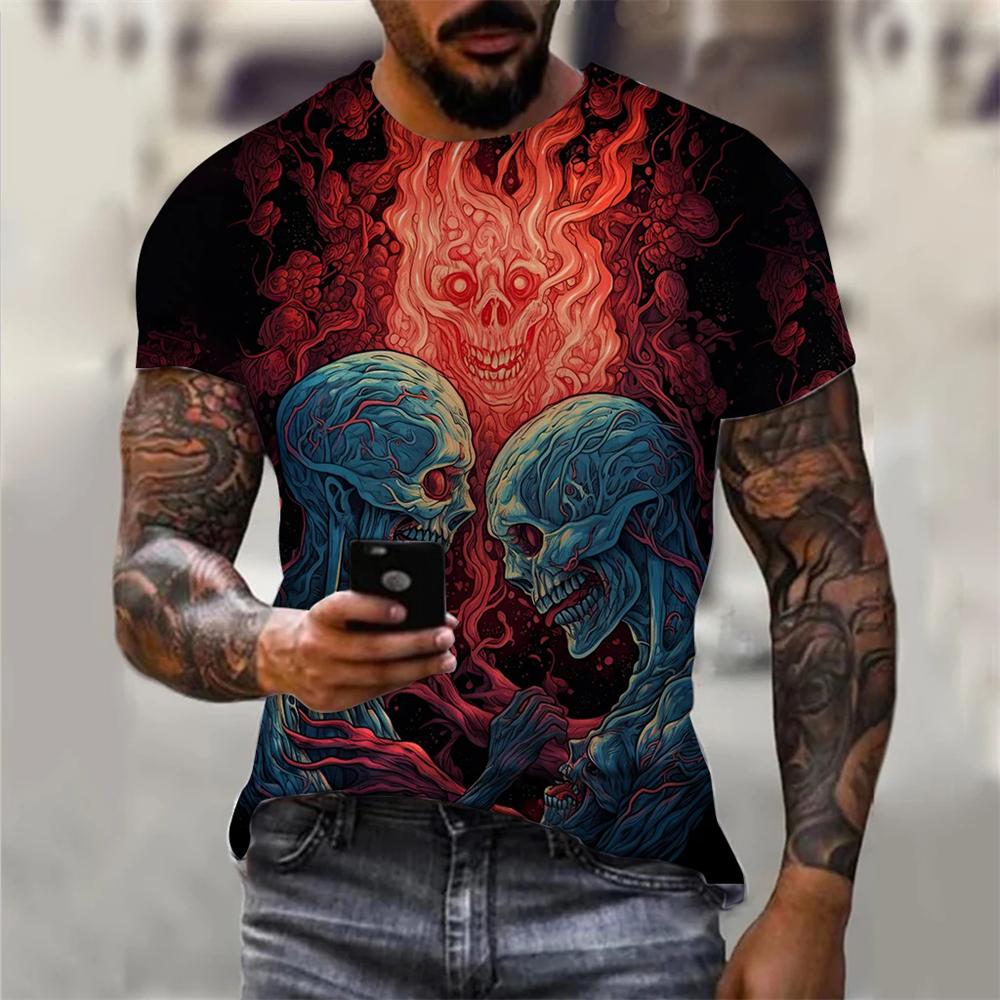 Summer Round Neck 3D Skull Graphic Print Top Fashionable Casual Short Sleeved Men's T-shirts