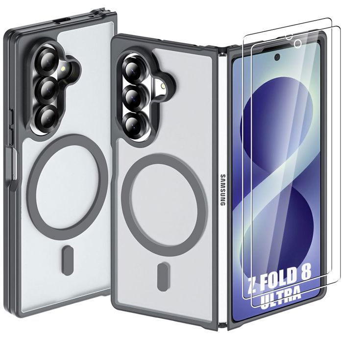 Coque + 2 Verres Trempés pour Samsung Galaxy Z Fold 8 Ultra, avec Anneau Magnétique - Gris Translucide