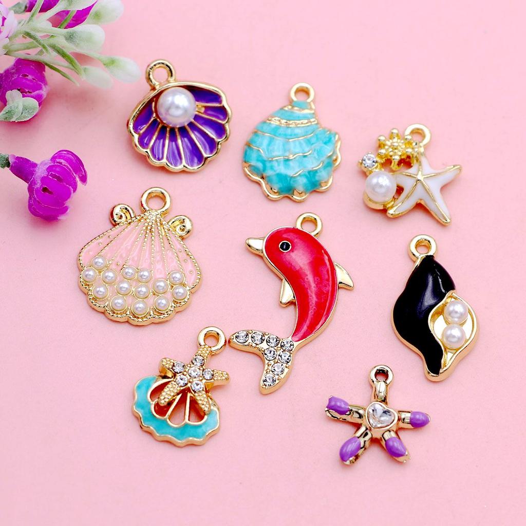 8Pcs Gold Plated Mix Crystal Shell Starfish Charm Pendant For Jewelry Making Bracelet Necklace Diy Accessories Craft Findings