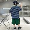 Kids Striped Summer Suit for Boy with Shorts 2 Piece Cotton Clothing Set Children Top and Bottom Clothes Set Tracksuit Age 5-14Y