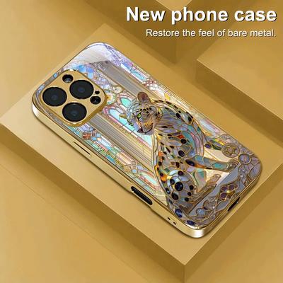 Modische Leopardendruck Gold Metallic Lack Glas Handyhülle Für iPhone 17 16 15 14 13 12 11 Pro Max 16 15 Plus 17 Air 16E Hülle