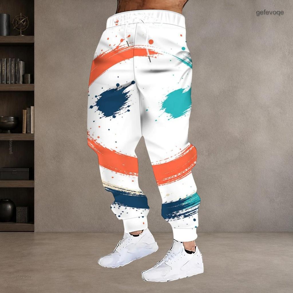 Men S Plus Size Abstract Leaf Geometric Printed Drawstring Waist Jogger Pants Side Pockets Cuffed Ankle