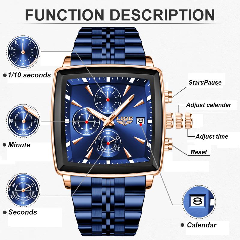 Waterproof Watch For Men Casual Sports Luminous Men's Quartz Wristwatches Stainless Steel Square Chronograph Reloj Hombre