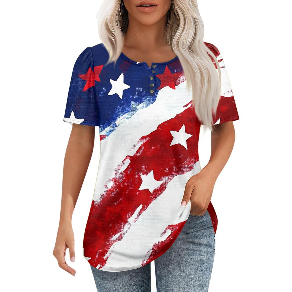 Modisches, lässiges Pullover-Oberteil mit kurzen Ärmeln und Knopfleiste und Rundhalsausschnitt für Damen