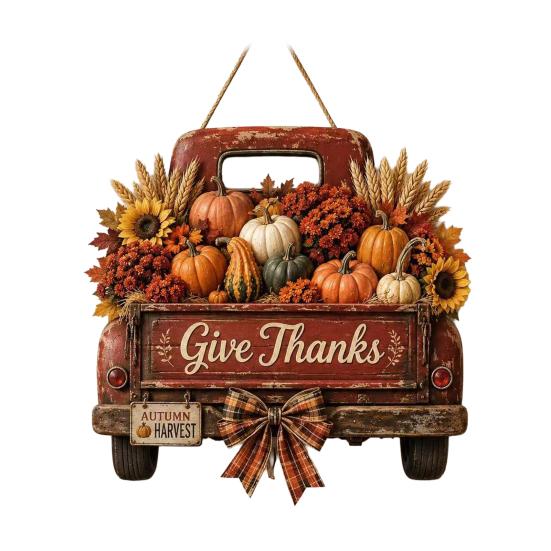 Rustic Pumpkin Truck Door Ornament Harvest Hanging Sign for Front Door, Wooden Fall with Distressed Wood Hemp Rope, Farmhouse Welcome Sign,