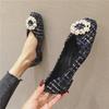 Fashion String Bead Flats Women Round Buckle Ballet Shoes Shallow Moccasins Femme Square Toe Mixed Colors Tweed Fabric Ballerinas Ladies