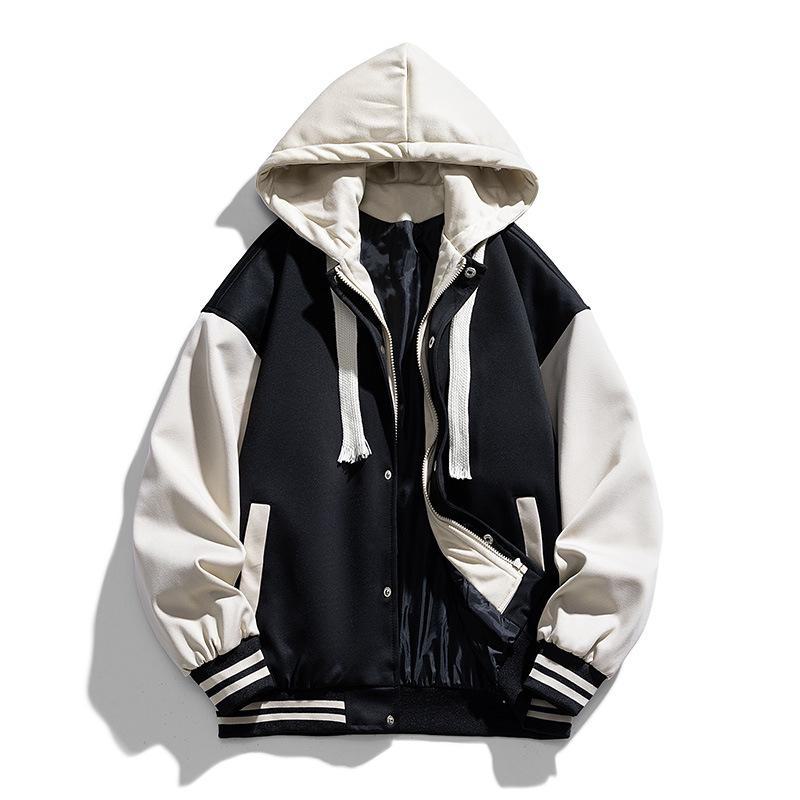 Мужская бейсбольная куртка с капюшоном в стиле Гонконга с цветными блоками модная из двух частей с бархатным утеплением модель 2023 г XXXL чёрный 3178₽