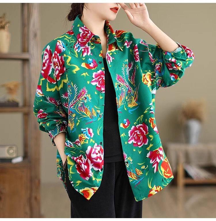 Women's Northeast Peony Floral Long-Sleeve Shirt Jacket - Ethnic Charm, Perfect for Spring/Fall Layering, Unique, Ideal As a Couple's Shirt.