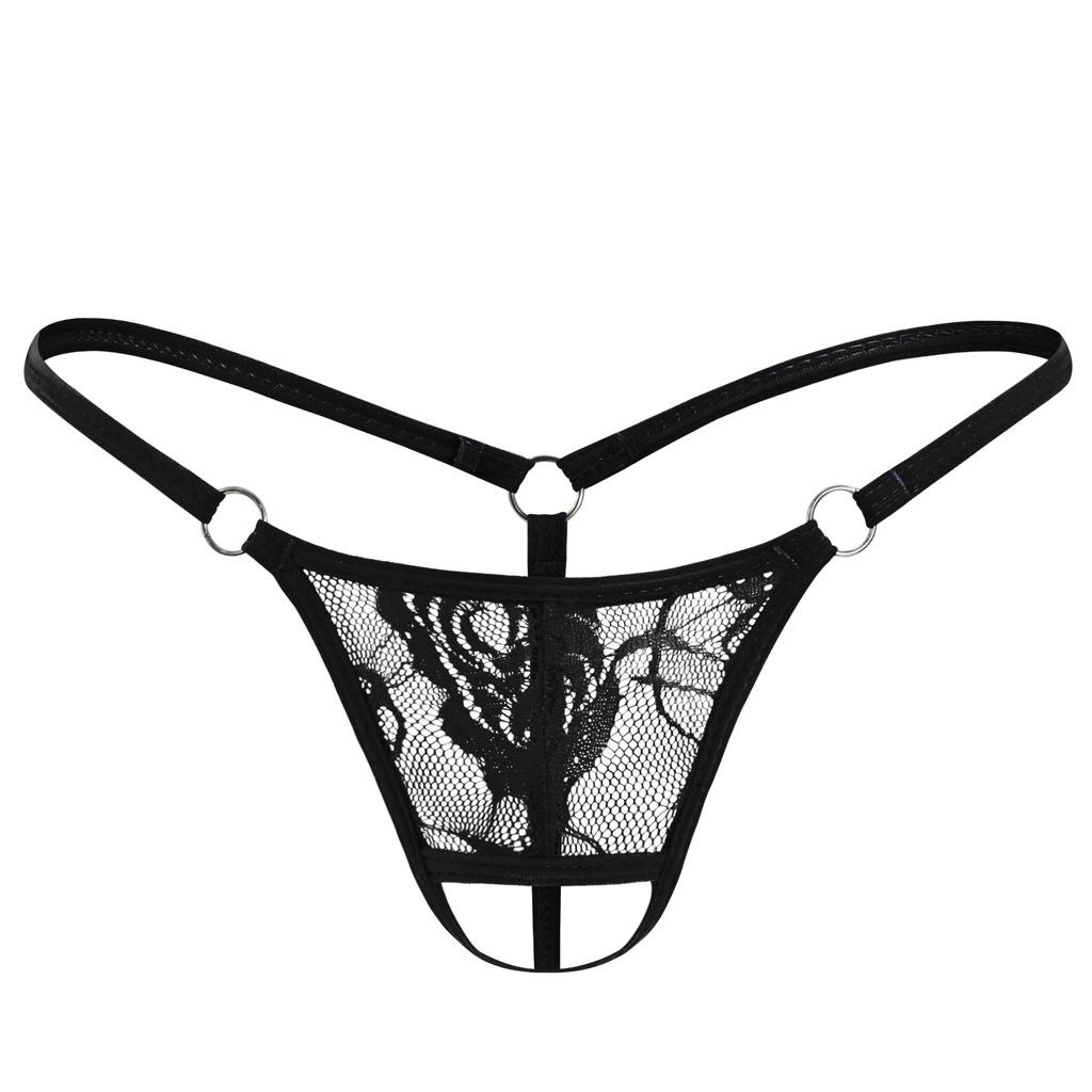 Mens Open Front Lace Thongs Low Rise Spaghetti Strap G-String See Through Lingerie Underwear Sissy Panties Penis Hole Underpant