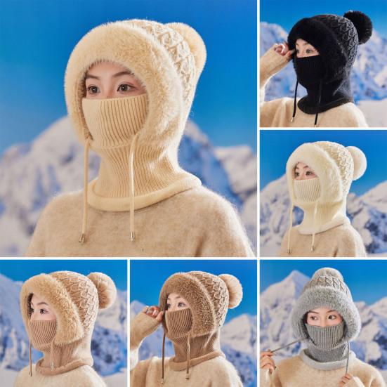 Knitting Hat Women Windproof Insulated Design Winter Hat with Plush Ball Unique Texture 3-in-1 Thickened Hat Face Guard Scarf