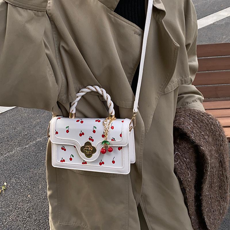 Women Cherry Square Bag PU Leather Sweet Cherry Crossbody Bag Adjustable Strap Sling Ladies Outdoor Small Handbags