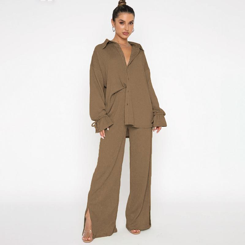 New Women's Fashion Solid Color Lapel Tie-Up Top & Trousers Suit for Spring, Autumn, Winter.