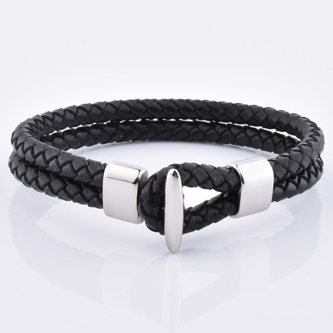New Arrival Men s Black Genuine Leather Casual Design Steel Clasp Braided Double Layer Bracelet 20 cm