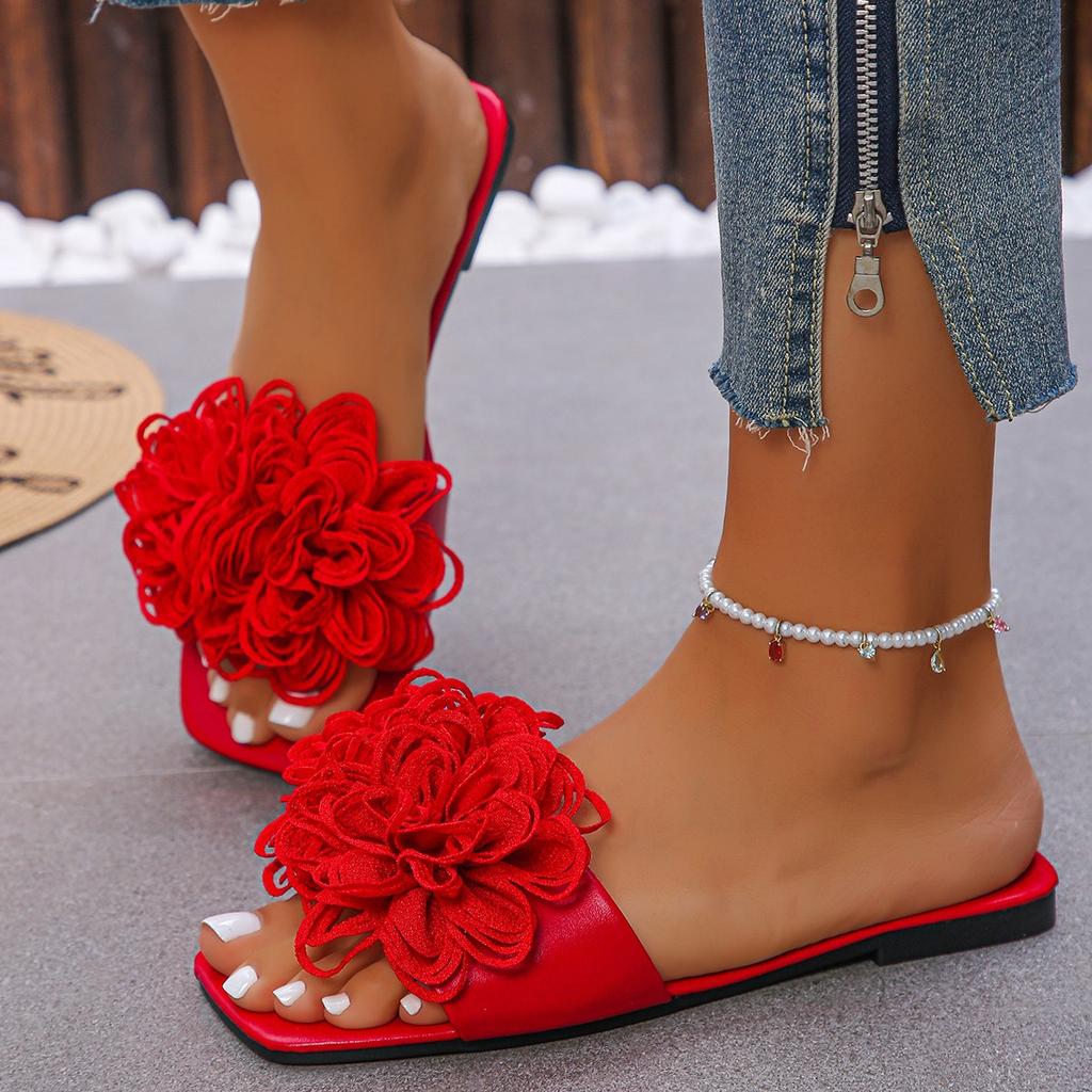 Crochet Flower Slide Sandals Woman Summer Pink Blue Floral Mule Slippers Ladies Rainbow Color Outdoor Vacation Slip-on Flat Shoe