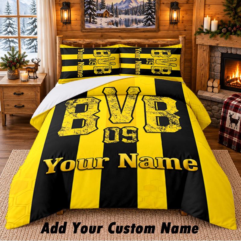 Borussia Dortmund Pattern Bedding 3Pcs Set Custom Name, Bed Sheet And Pillowcases For Home Bedroom