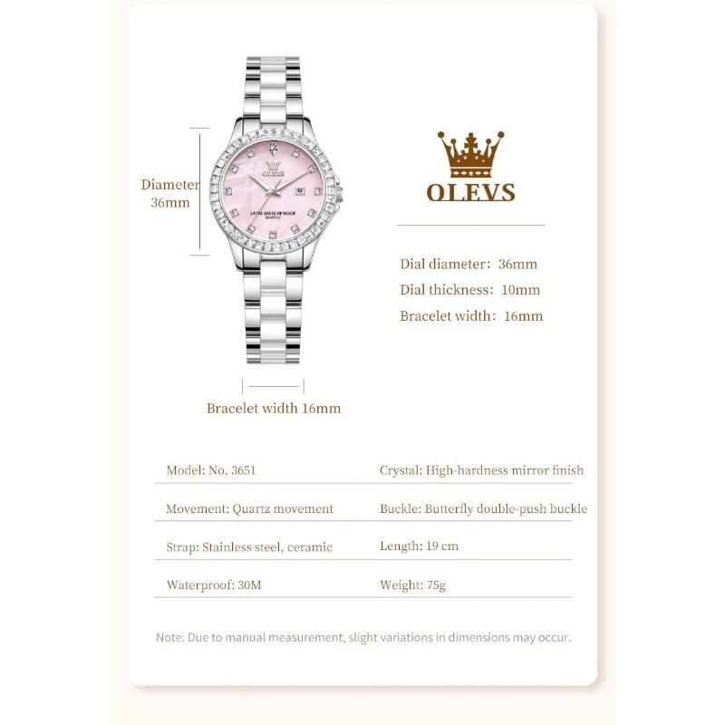 OLEVS Quartz Wristwatch Elegant Luxury Ceramics Strap Waterproof Auto Date Diamond Bezel Watch for Women