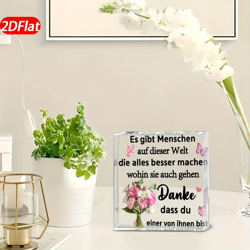 1 German Thank You Plaque - Elegant Gratitude Decor with Floral and Butterfly Patterns, Transparent Acrylic Tabletop Ornament for Birthday