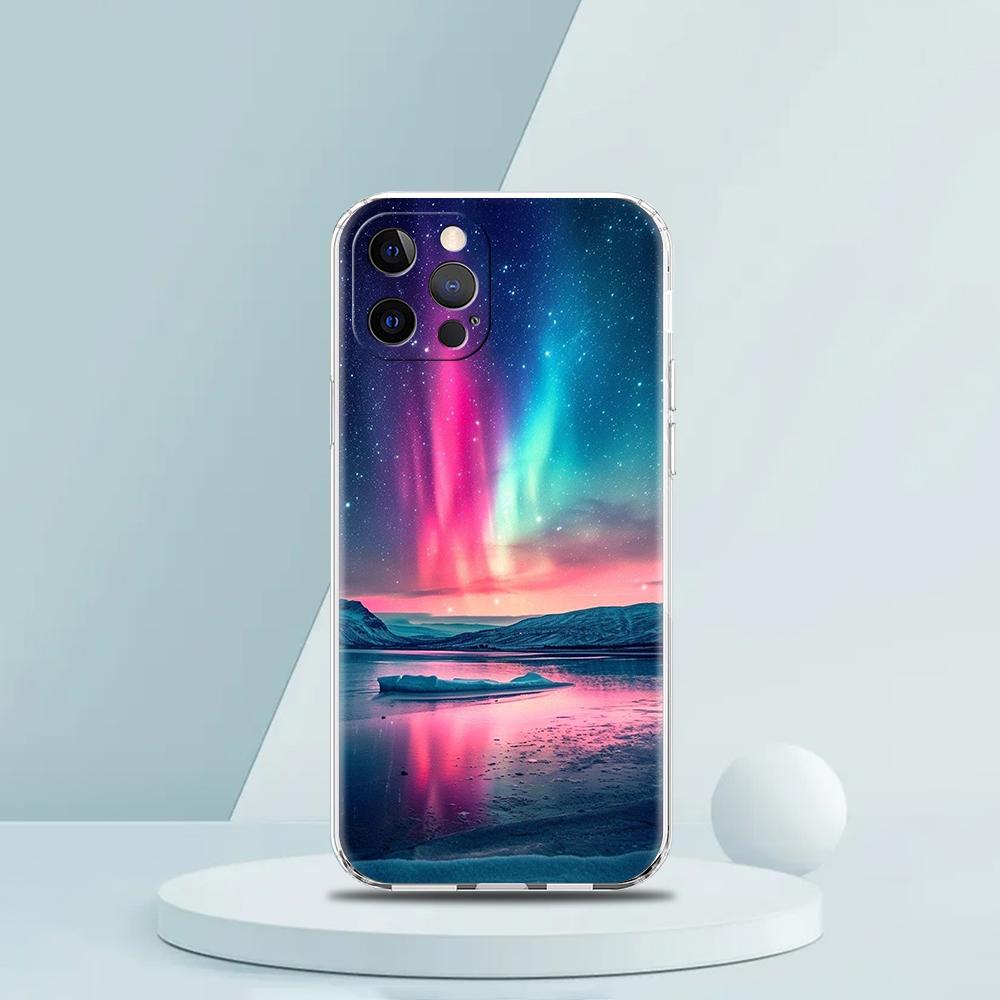 For iPhone 15 16 14 13 12 Mini 11 Pro Max XS X XR SE 7 8 Plus Silicone Clear Cover Beautiful Northern Lights Luxury Phone Case