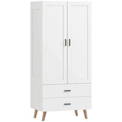 Armario de 2 Puertas, Armario Moderno con 2 Cajones y Barra para Colgar para Dormitorio, Blanco
