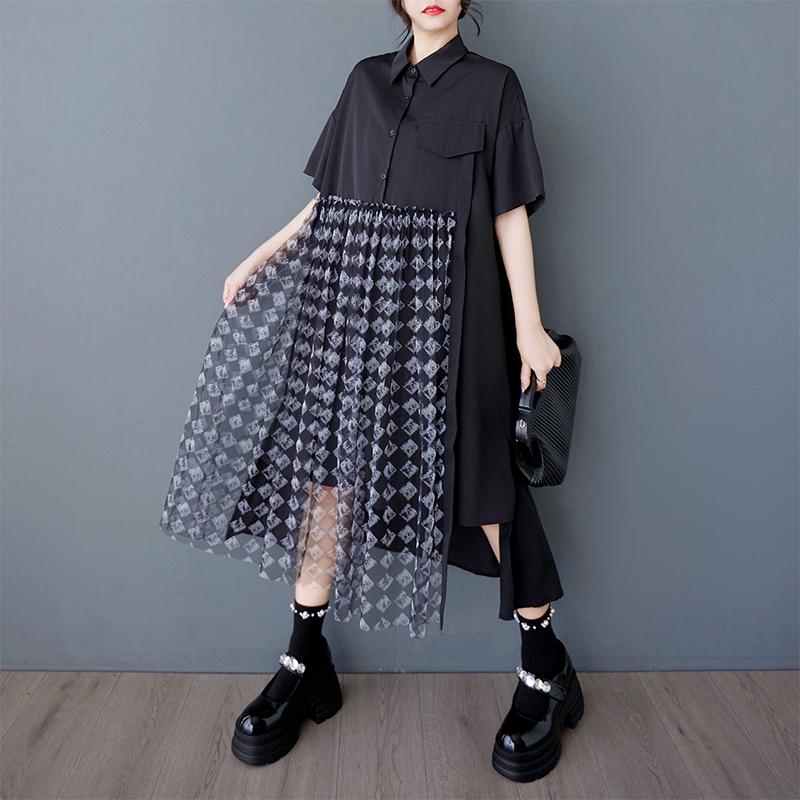 DIMANAF 2025 Plus Size Dress Women Summer Long Shirt Dress Lace Spliced Casual Loose Vintage Dress Maxi