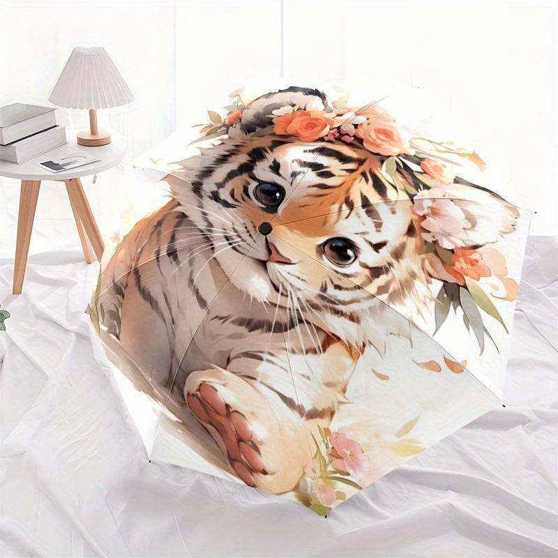 1pc Animal Tiger Cute Design Pattern Umbrella, Fashionable, Personalized, High-Value Folding Umbrella, a Must-Have for Summer, 8-Rib Durable