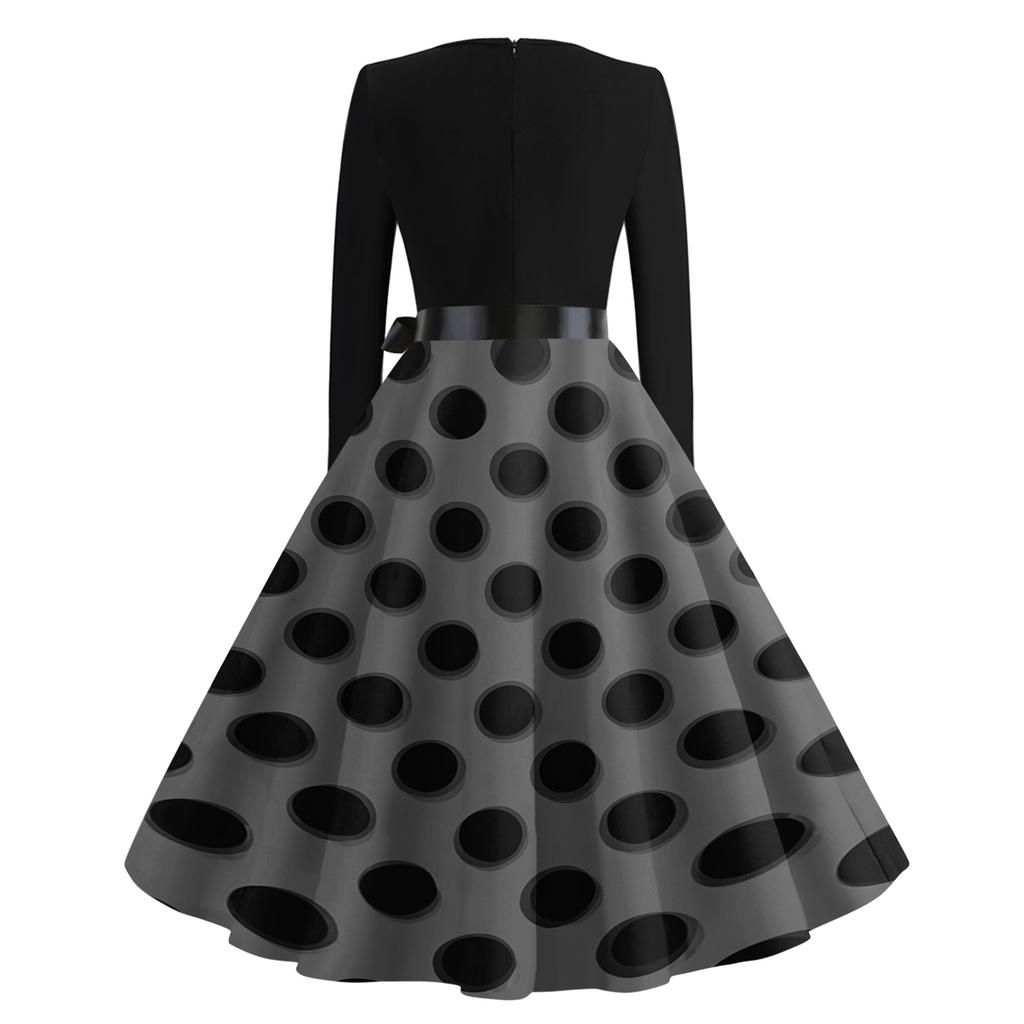 Women’s Casual Vintage Crew Neck Polka Dot Printed Long Sleeve A-Line Dress with Waist Ribbon for Everyday Wear
