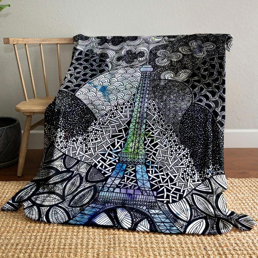Intricate black-and-white doodles form abstract patterns around the Eiffel Tower. for all seasons blanket lunch break throw gift