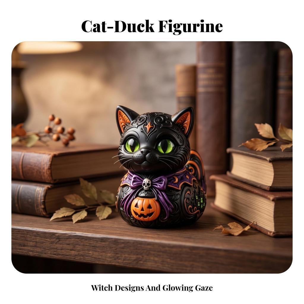 Cat Figurine with Jack-O'-Lantern Playful Pumpkin Decoration Gothic for Desks