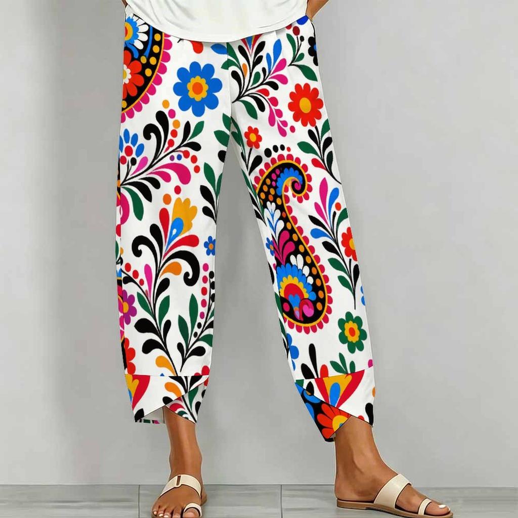 Women Plus Size Loose Fit Floral Paisley Printed Cross Hem Cropped Pants