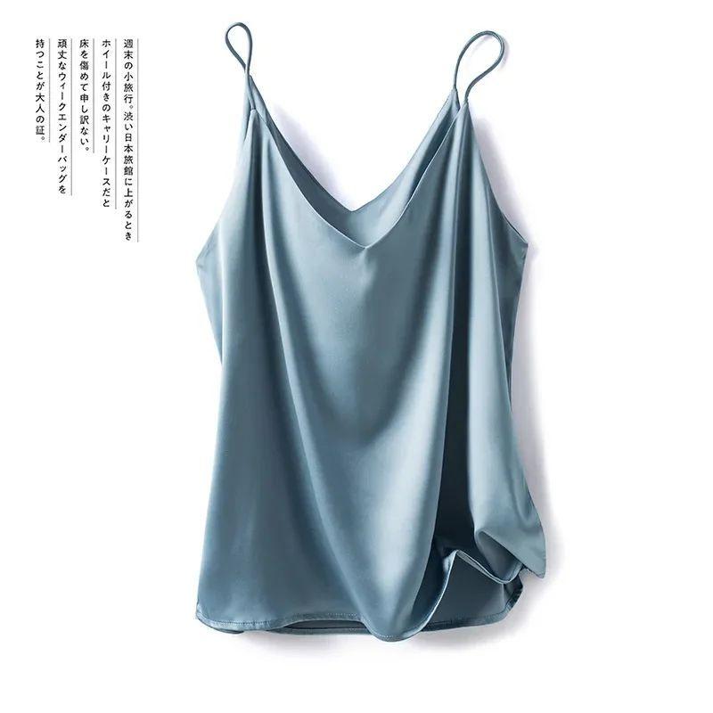 Solid Color Satin V-neck Tank Top for Women Pure Color Satin V-neck Strap Female