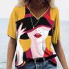 Ladies' V-neck T-shirt 3D Digital Printing Art Abstract Face Fashion Casual Trend Printed Short Sleeved Shirt
