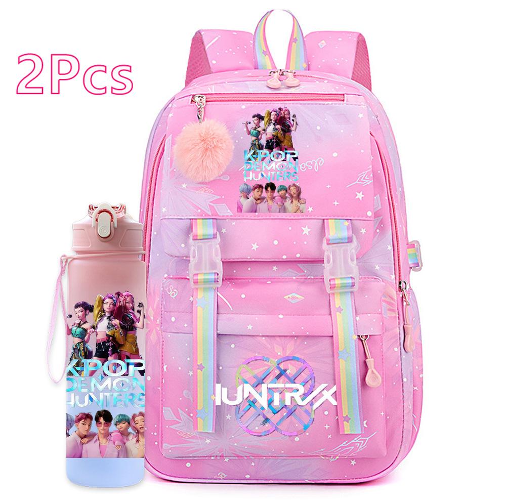 2Pcs/set Cartoon Kpop Printed Backpack with 750Ml Water Bottler for Teenager Girl Boy Bookbag Kid Gift Large Capacity Travel Bag Mochila