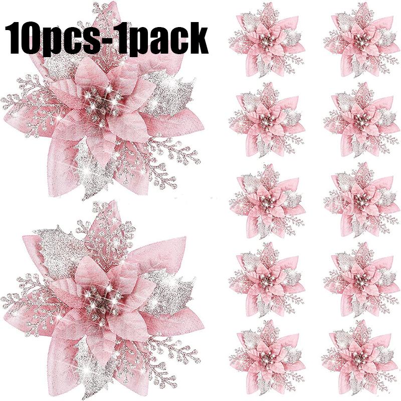 Glitter Pink Christmas Flowers Xmas Tree 14cm Artifical Flower Ornaments 2025 Merry Christmas Decoration For Home New Year
