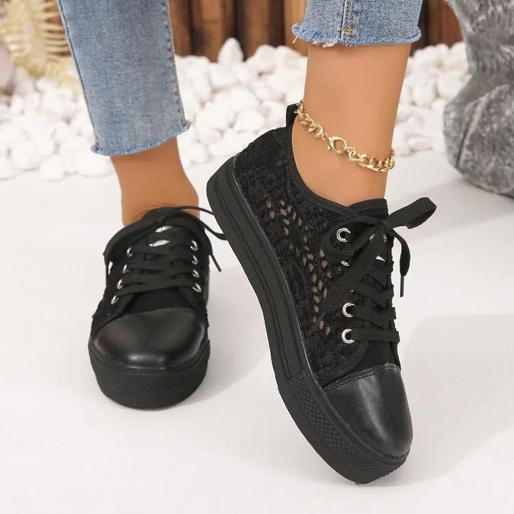 Women's white lace canvas sneakers, fashionable casual summer shoes, breathable thick sole breathable sneakers