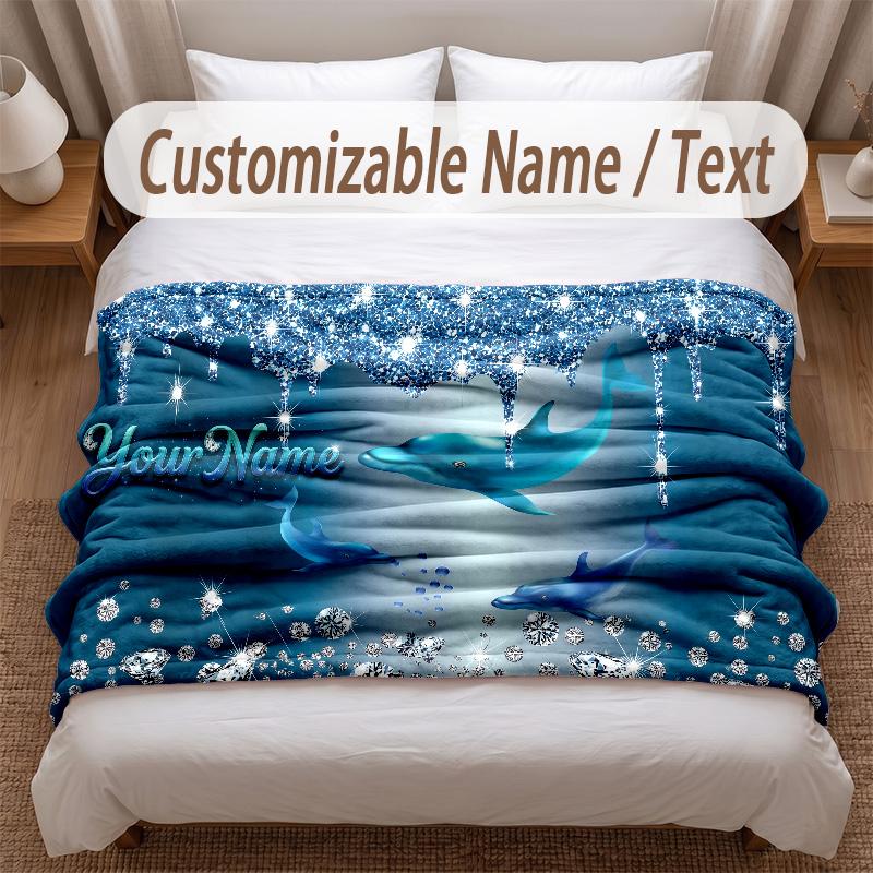Fish Ocean Theme Soft Blanket Personalized Custom Name Text Print Warm Blanket Home Sofa Bedroom Decor