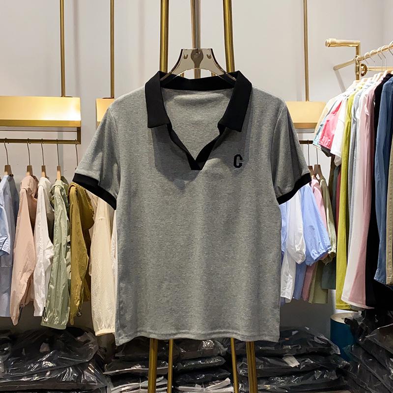 

Женская рубашка-поло с V-образным вырезом больших размеров - Прямое плечо и облегающий силуэт, скрывающий живот, с коротким рукавом для лета 2025 XL (approx. 105-120 lbs) серый