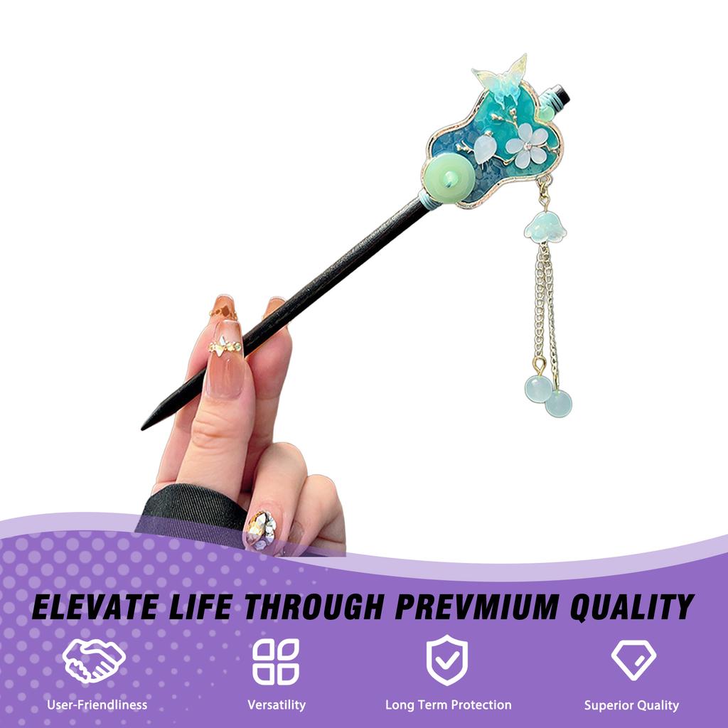 Černá ebenová tyčinka do vlasů Tradiční čínský styl Ručně vyřezávaná dřevěná spona do vlasů s třásní pro ženy Hanfu Svatba Festival