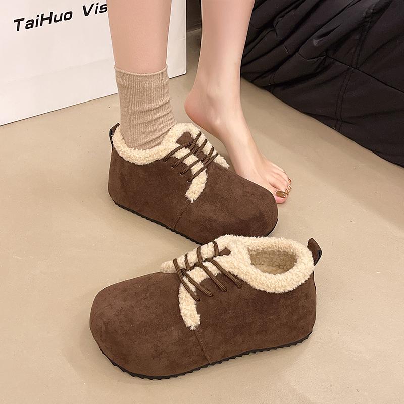 Fashion Winter New Flat Shoes Women's Fashion Round Head Suede Front Lacing Soft Sole Anti-slip Wear-resistant Low-top Shoes