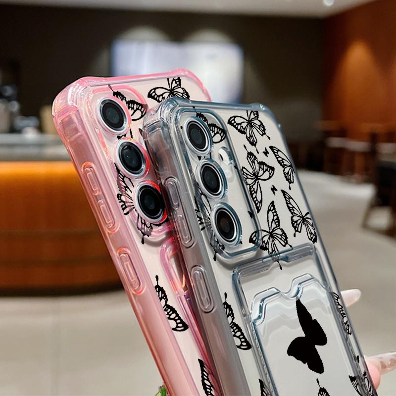 Black Butterfly Pattern Clear Card Slot Case For Samsung S24 FE S23 Ultra S22 A16 A55 A15 A35 A54 A14 Transparent Shockproof Soft Silicone Phone Cover