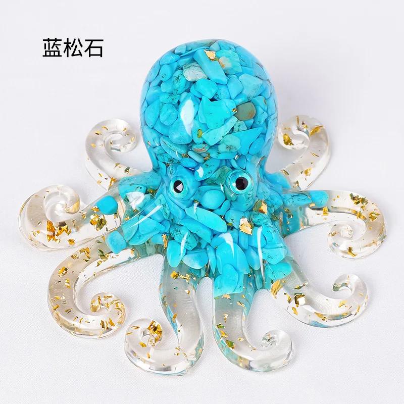 Natural Crystal Gravel Miniature Octopus Statue Chinese Lucky Feng Shui Ornament Resin Squid Home Tabletop Landscape Ornaments