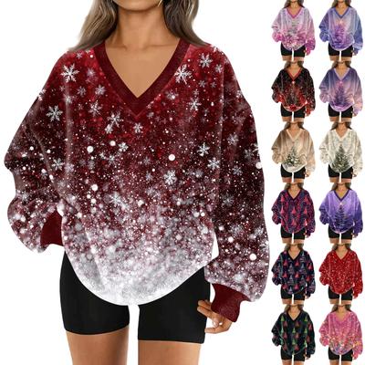 Damen Modischer V-Ausschnitt Weihnachten Bedruckt Langärmlig Lässiger Pullover Plüsch Warmes Sweatshirt Top