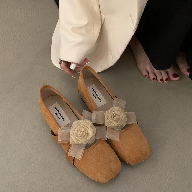 Square Head Sweet Flower Princess Shoes French Flat Bottom Shallow Mouth Single Shoes Fashion Versatile Elastic Band Ballet Shoes Fringe